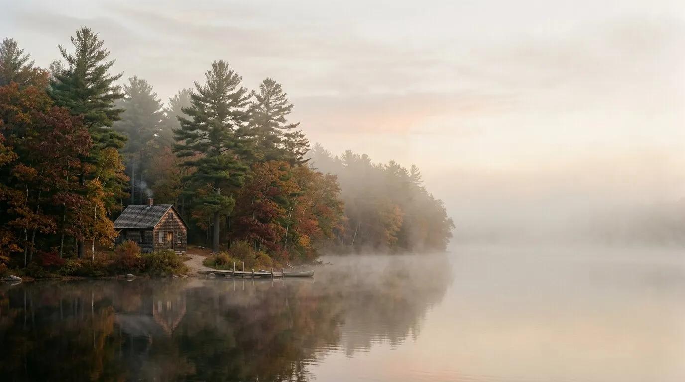 Morning fog over a still pond, with a small cabin among autumn pines